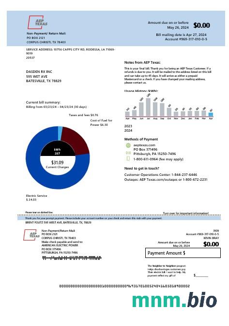 USA AEP Texas electricity rachunek za usługi komunalne szablon w formacie Word i PDF